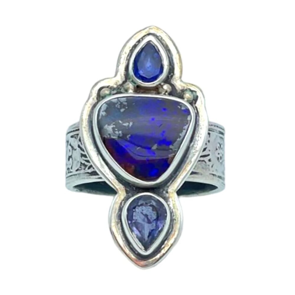 Tabra Jewelry 925 Sterling Silver Australian Boulder Opal & Iolite Ring Size 7.5